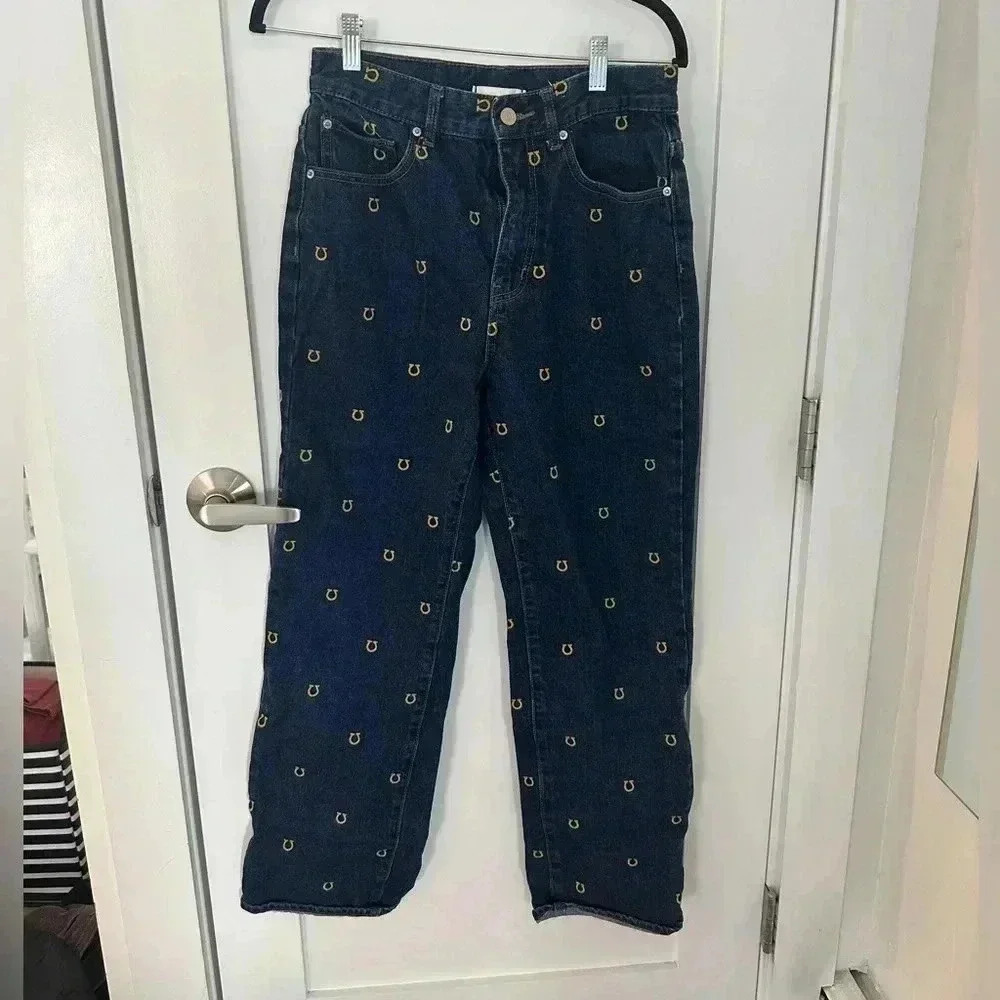 BDG Cotton Cowboy Jean Hi-Rise Embroidered Horseshoes Straight Leg Size 28 - Picture 3 of 3